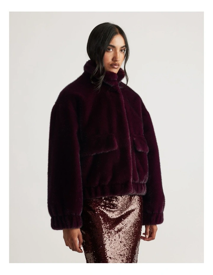 Saylor Faux Fur Bomber Jacket in Burgundy image 3