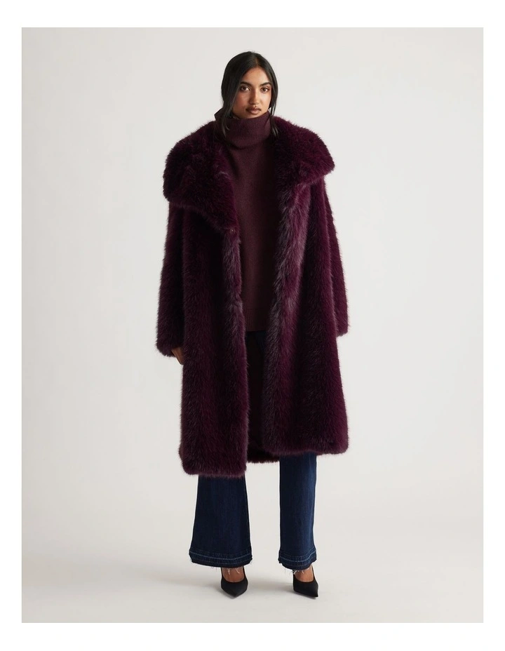 Charlee Faux Fur Coat in Burgundy image 1
