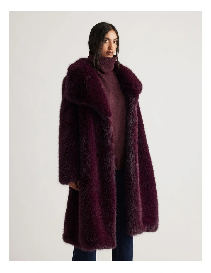 Charlee Faux Fur Coat in Burgundy image 3