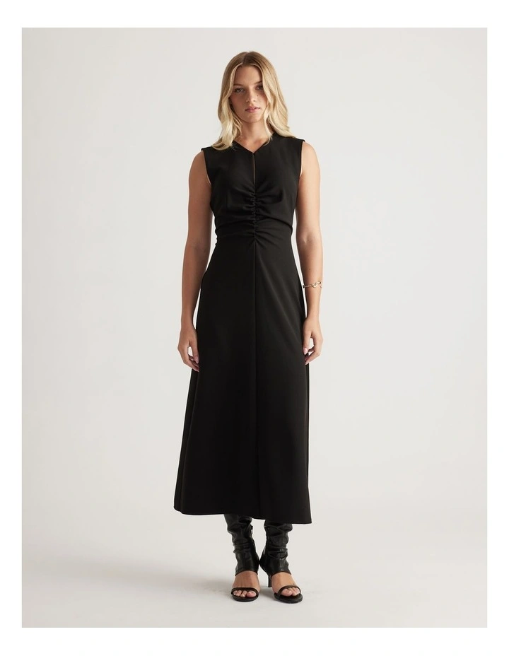 Rachel Ruched Front Midi Dress in Black image 1