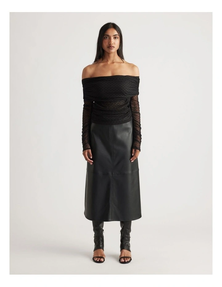 Off Shoulder Ruched Mesh Top in Black image 1