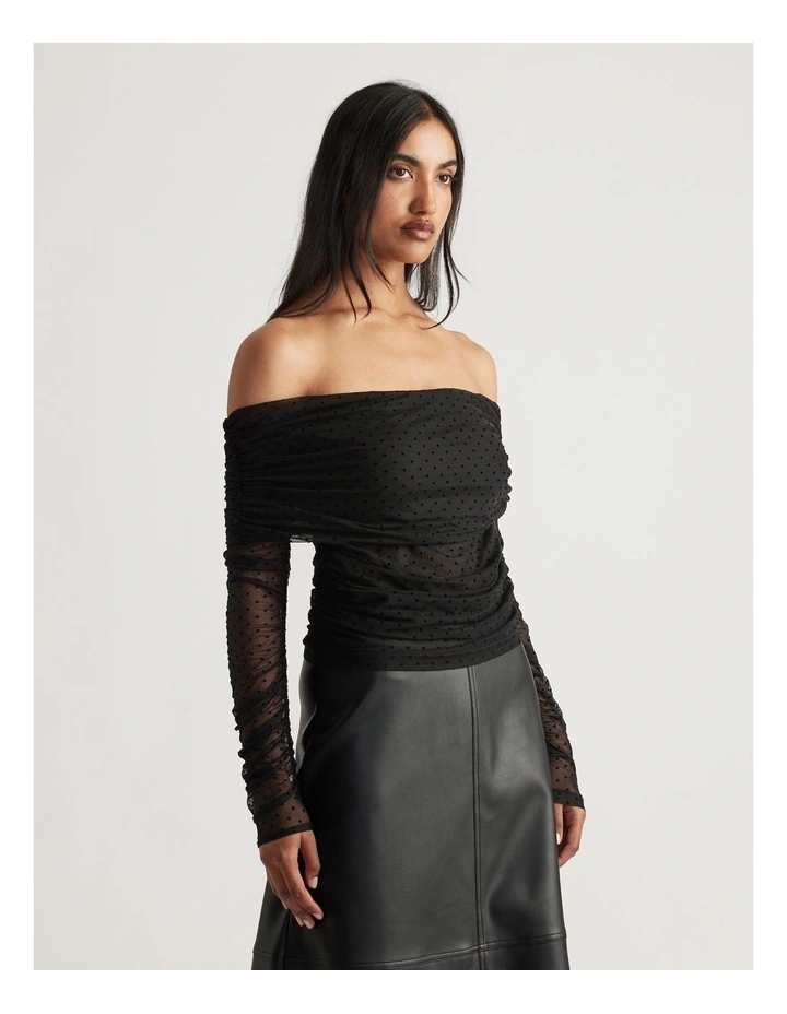 Off Shoulder Ruched Mesh Top in Black image 3