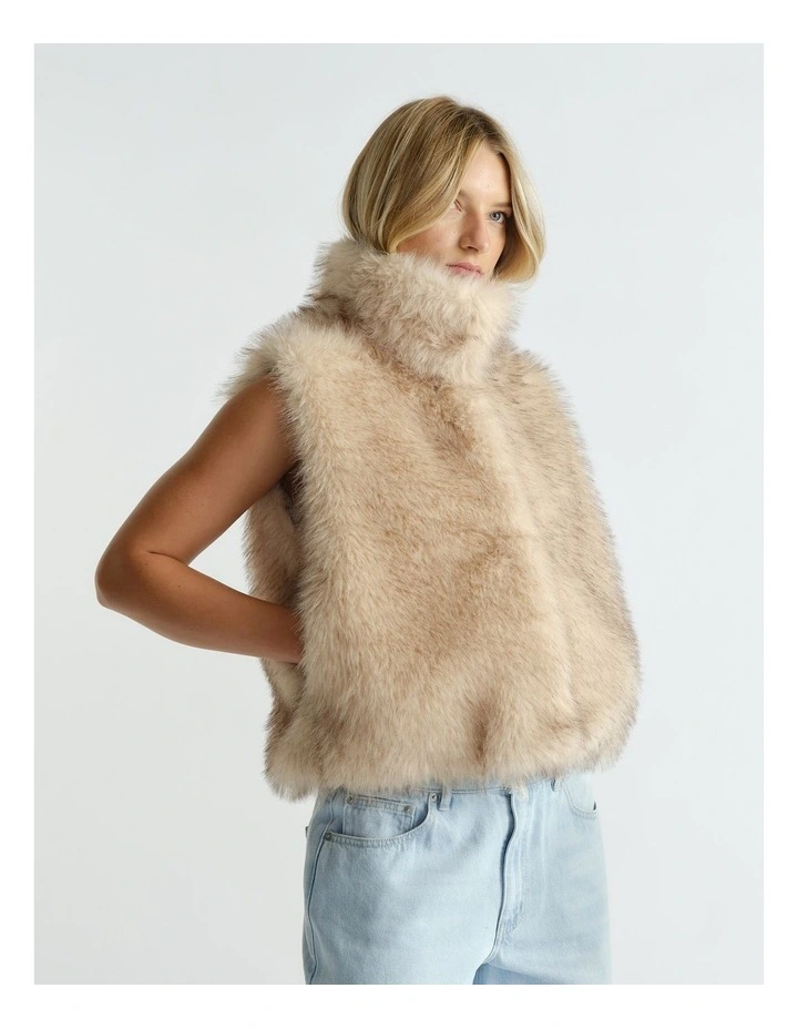 Suki Faux Fur Gilet Jacket in Beige image 3