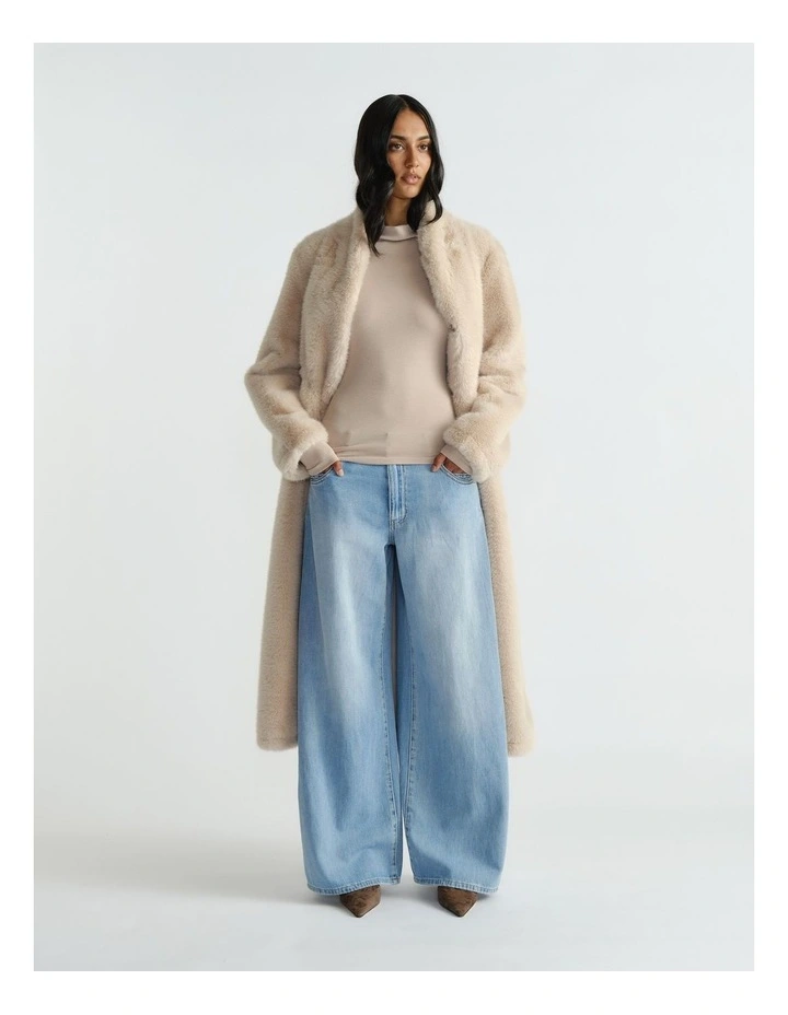 Rose Longline Faux Fur Coat in Neutral image 1