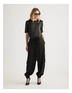 Noah Shoulder Pad Satin Top in Black