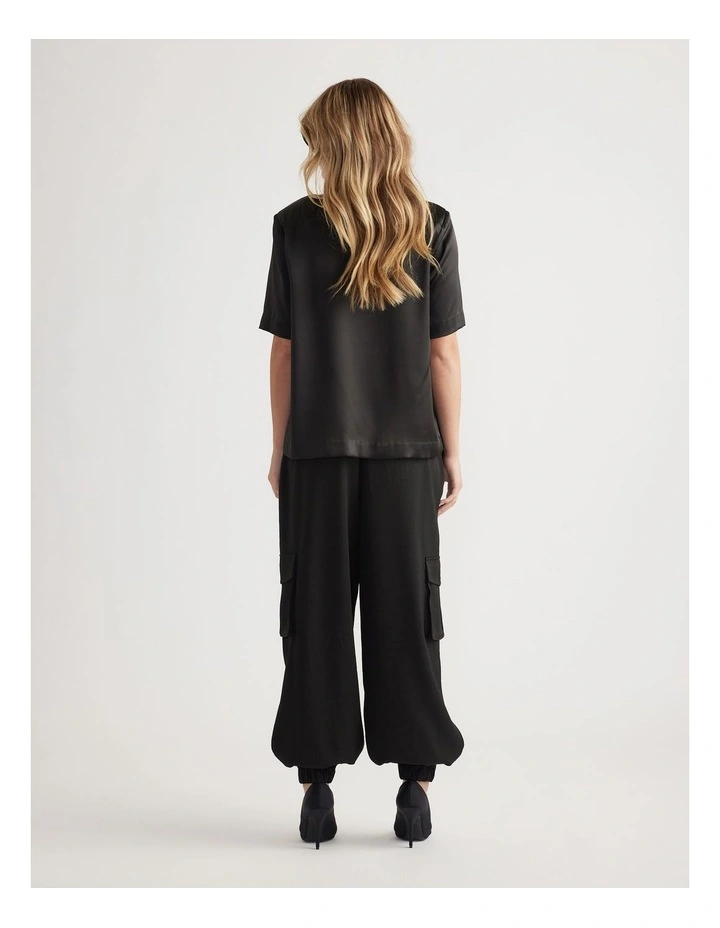Noah Shoulder Pad Satin Top in Black image 2