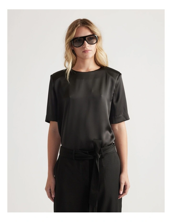 Noah Shoulder Pad Satin Top in Black image 3