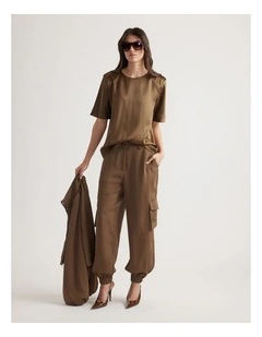 Noah Shoulder Pad Satin Top in Brown