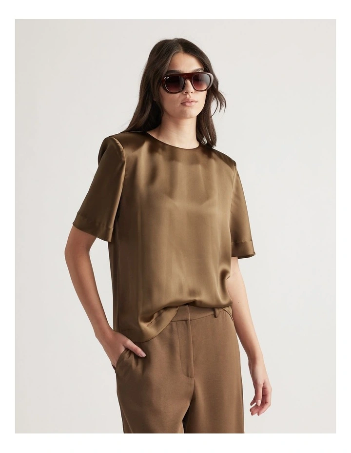 Noah Shoulder Pad Satin Top in Brown image 3