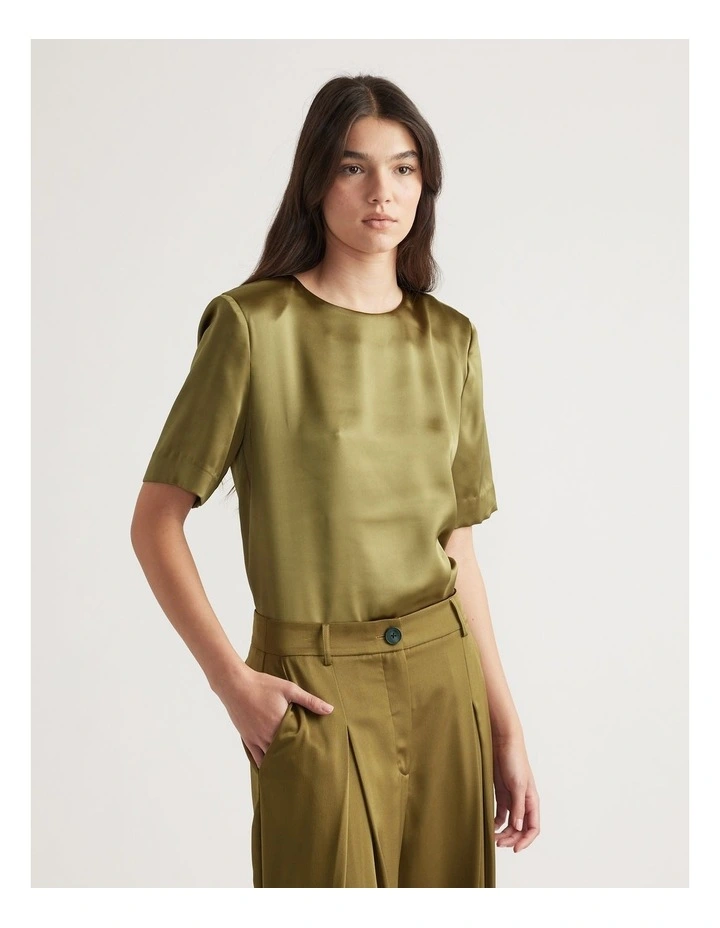 Noah Shoulder Pad Satin Top in Green image 3