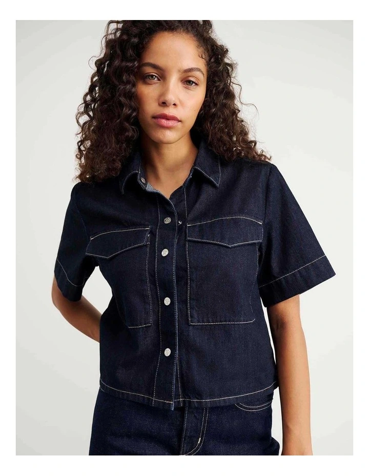 Loe Denim Short Sleeve Shirt in Blue image 3