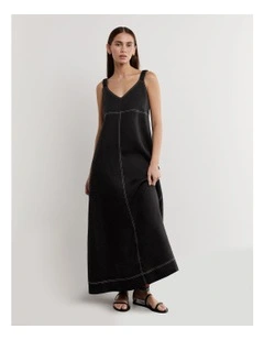 Sara Linen Midi Dress in Black