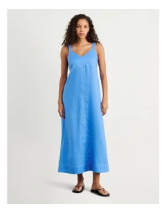Sara Linen Midi Dress in Blue