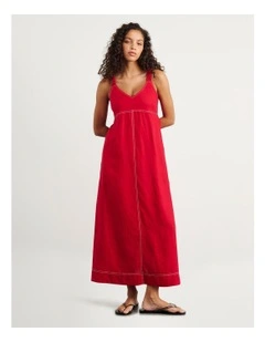 Sara Linen Midi Dress in Red