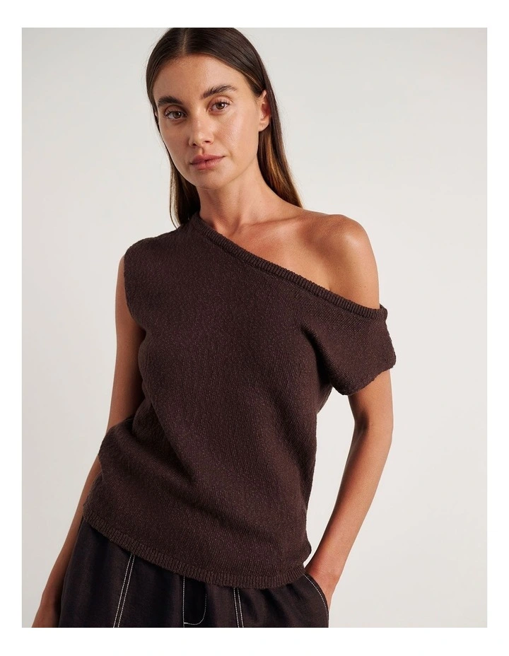 Arden Off Shoulder Knit Jumper in Brown image 1
