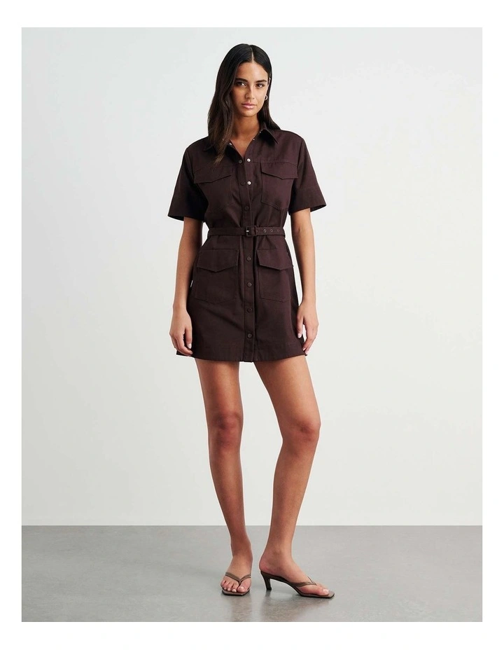 Canvas Utility Shirt Dress in Brown image 2