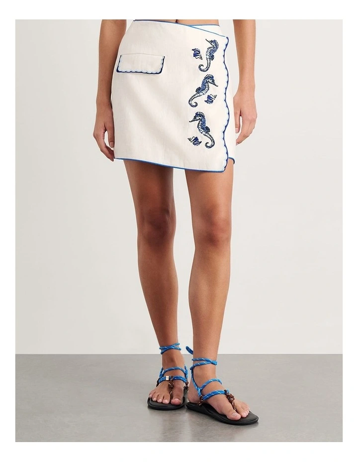 Seahorse Linen Mini Wrap Skirt in White image 3