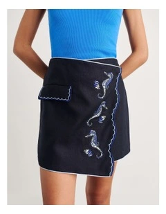 Seahorse Linen Mini Wrap Skirt in Blue