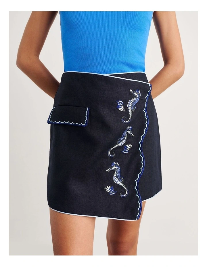 Seahorse Linen Mini Wrap Skirt in Blue image 1