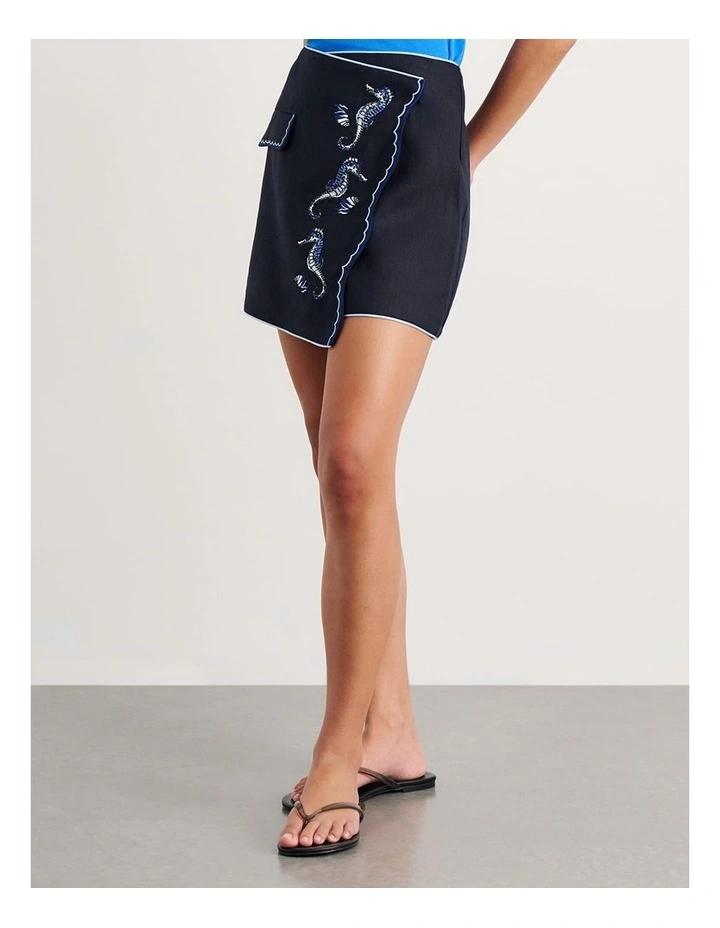 Seahorse Linen Mini Wrap Skirt in Blue image 3