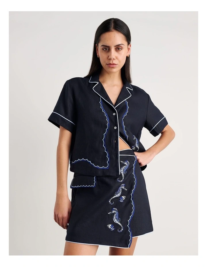 Seahorse Linen Mini Wrap Skirt in Blue image 4