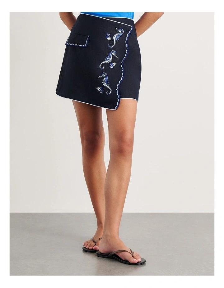 Seahorse Linen Mini Wrap Skirt in Blue image 6