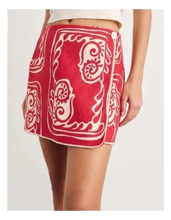 Ceezee Linen Wrap Mini Skirt in Red Multi