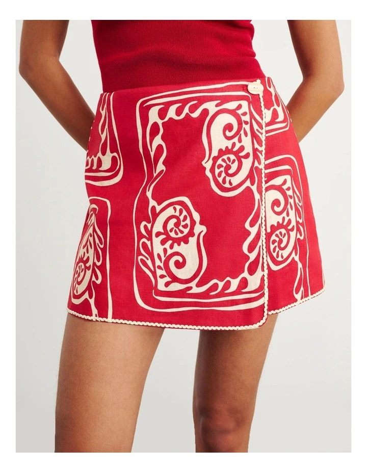 Ceezee Linen Wrap Mini Skirt in Red Multi image 1