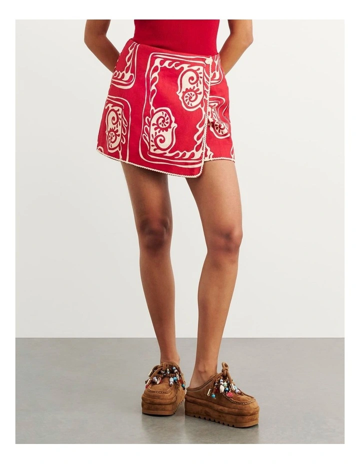 Ceezee Linen Wrap Mini Skirt in Red Multi image 2