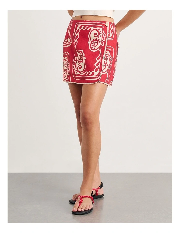 Ceezee Linen Wrap Mini Skirt in Red Multi image 3