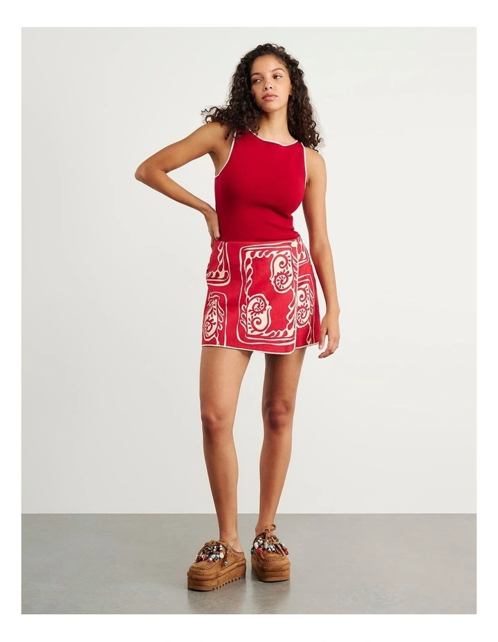 Ceezee Linen Wrap Mini Skirt in Red Multi image 3