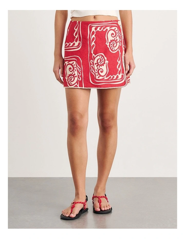 Ceezee Linen Wrap Mini Skirt in Red Multi image 4