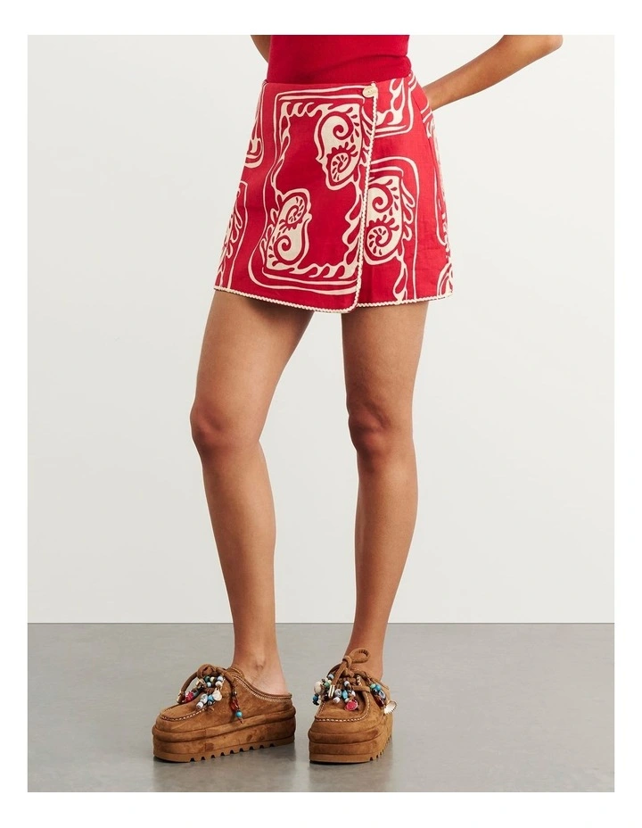 Ceezee Linen Wrap Mini Skirt in Red Multi image 4