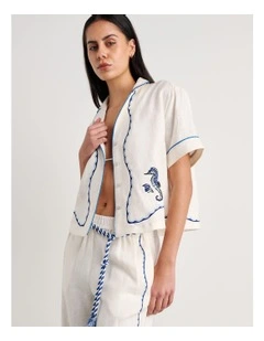 Seahorse Crop Short Sleeve Shirt in White