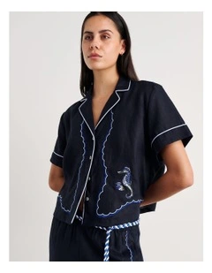 Seahorse Crop Short Sleeve Shirt in Blue