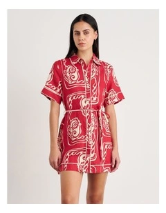 Ceezee Linen Shirt Dress in Red Multi
