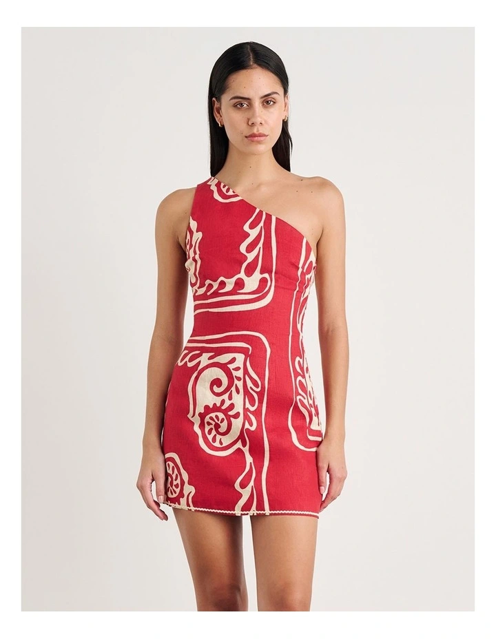 Ceezee Asymmetric Linen Mini Dress in Red Multi image 1