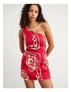 Ceezee Asymmetric Linen Mini Dress in Red Multi