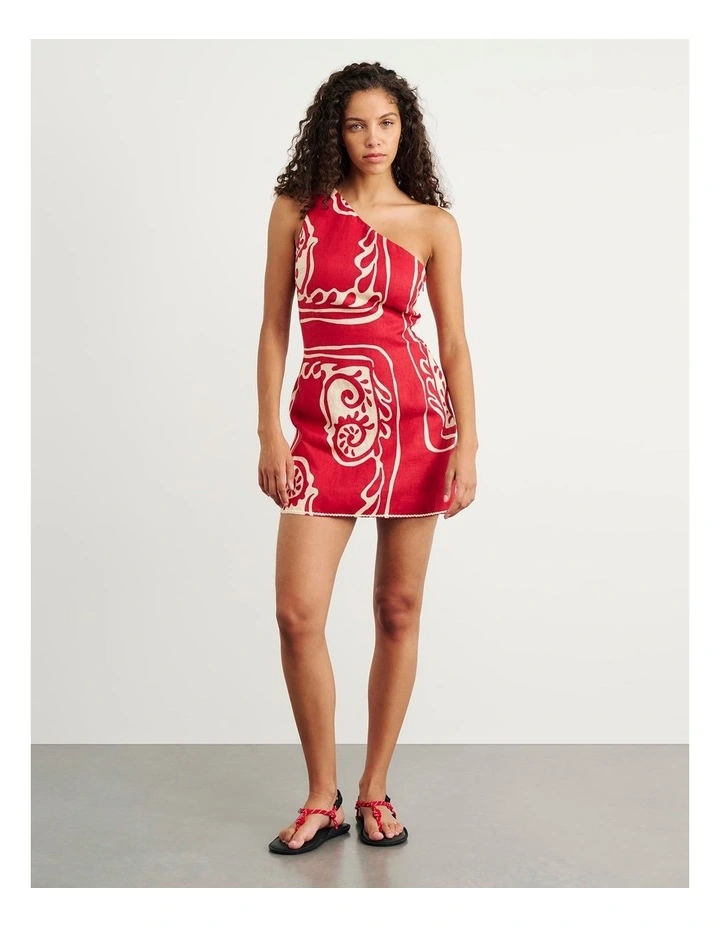 Ceezee Asymmetric Linen Mini Dress in Red Multi image 2