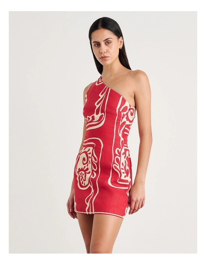Ceezee Asymmetric Linen Mini Dress in Red Multi image 3