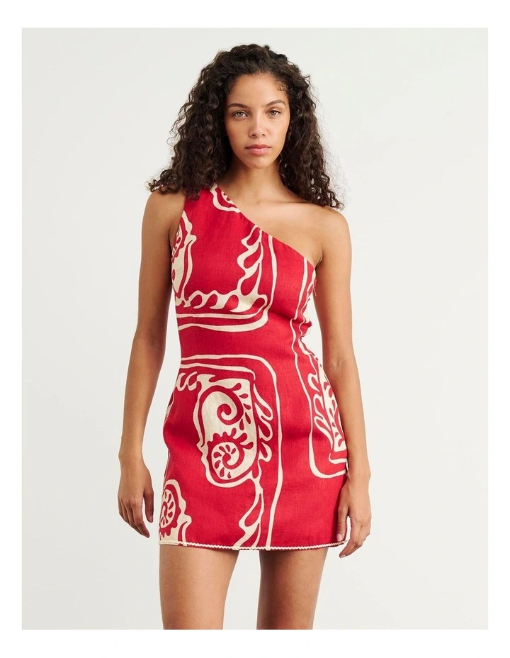 Ceezee Asymmetric Linen Mini Dress in Red Multi image 3