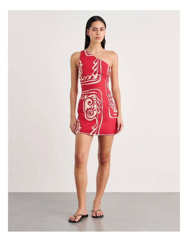 Ceezee Asymmetric Linen Mini Dress in Red Multi image 4