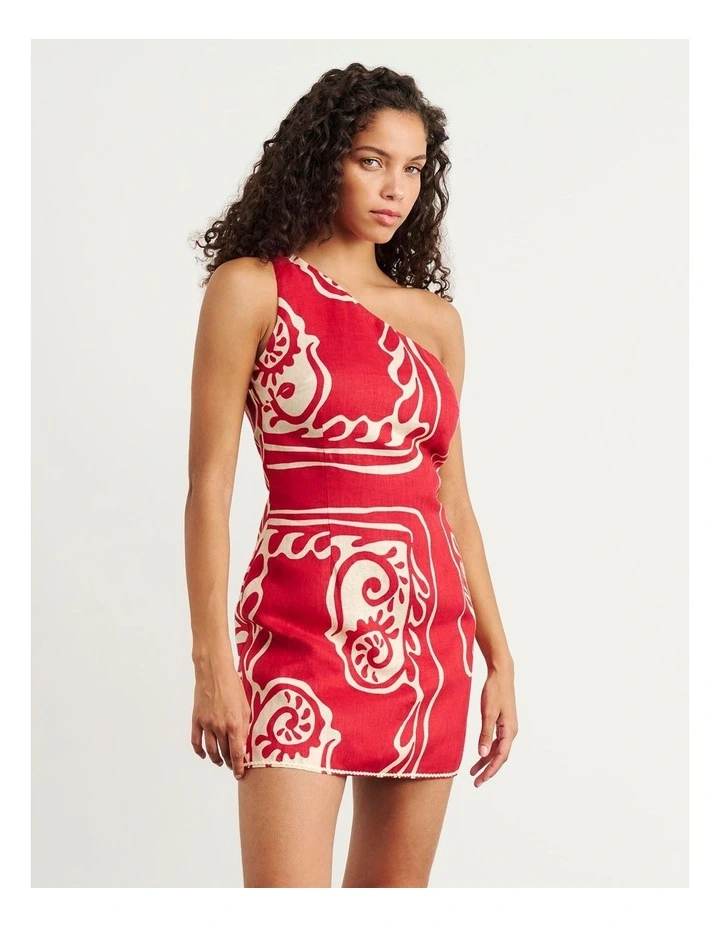 Ceezee Asymmetric Linen Mini Dress in Red Multi image 4