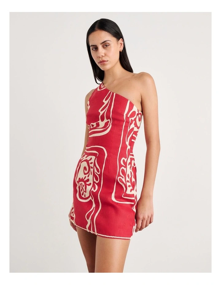 Ceezee Asymmetric Linen Mini Dress in Red Multi image 5