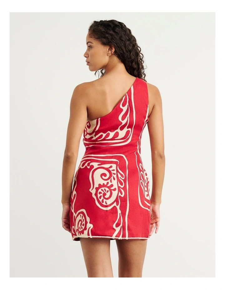 Ceezee Asymmetric Linen Mini Dress in Red Multi image 5
