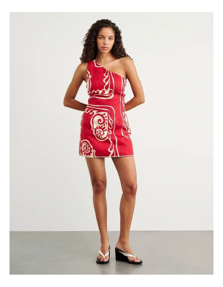 Ceezee Asymmetric Linen Mini Dress in Red Multi image 6