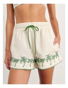 Palm Embroidered Shorts in Beige