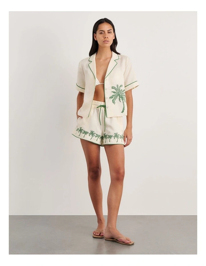 Palm Embroidered Shorts in Beige image 3