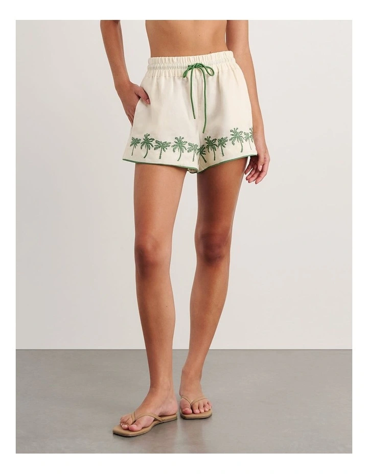 Palm Embroidered Shorts in Beige image 4