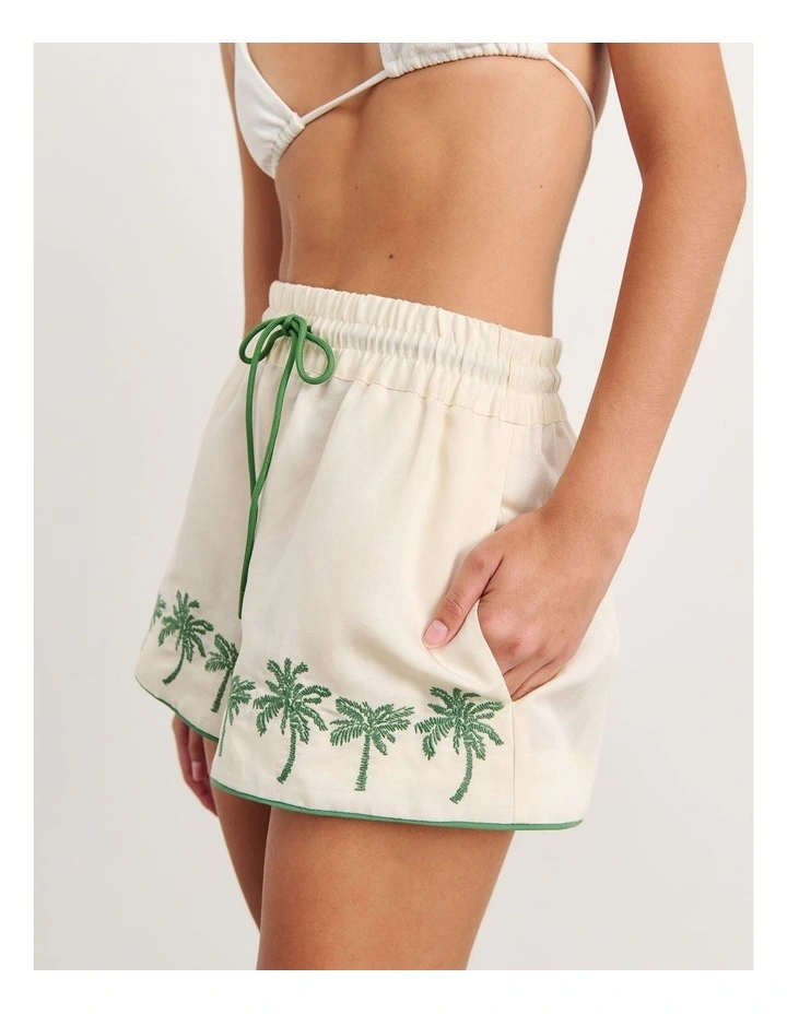 Palm Embroidered Shorts in Beige image 6
